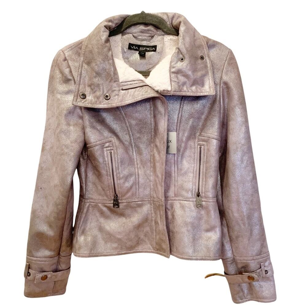 Via Spiga Metallic Faux Shearling Mob Wife Moto Jacket NWT XS